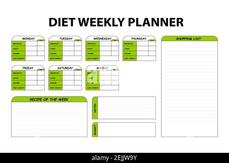 Colorato cute dieta settimanale pianificatore isolato su sfondo bianco. Menu di cibo piano per la dieta. Modello di programmazione giornaliera per i pasti da cucina. Piano settimanale carb basso Illustrazione Vettoriale