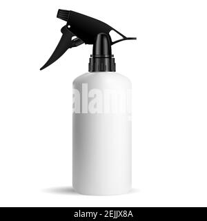 Flacone spray. Pistola spruzzatore pulitore mockup contenitore. Grasso per cucina per pulizia imballo detergente. Idratante bianco realistico, fresco profumato Illustrazione Vettoriale