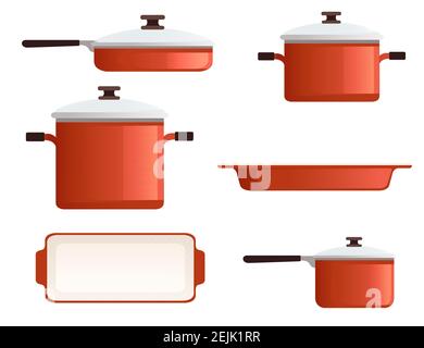 Set di pentole e pentole utensili da cucina con immagine vettoriale di colore rosso su sfondo bianco Illustrazione Vettoriale