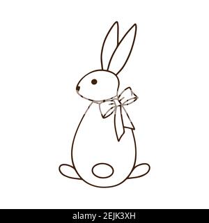 Contorno disegno di un coniglio carino con un arco. Doodles per la vostra creatività. Adatto per pagine da colorare per bambini o carte pasquali. Vettore disegnato a mano ill Illustrazione Vettoriale