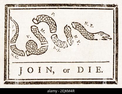 Join, o Die. È un cartone animato politico attribuito a Benjamin Franklin. La pubblicazione originale della Pennsylvania Gazette il 9 maggio 1754, è la prima rappresentazione pittorica dell'Unione coloniale prodotta da un colonista americano in America coloniale. Foto Stock