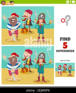 Illustrazione cartoon di trovare le differenze tra le immagini gioco educativo per bambini con personaggi pirati e tesoro Illustrazione Vettoriale
