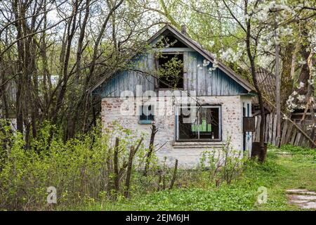 Villaggio abbandonato a Chernobyl, Ucraina in una giornata estiva Foto Stock