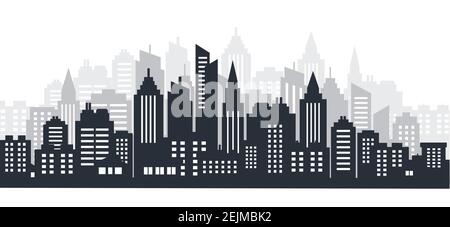 Paesaggio di silhouette della città. Orizzontale della città. Paesaggio del centro con grattacieli alti. Panorama architettura edifici governativi Illustrazione Vettoriale