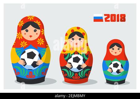 Set russo Matrioshka. Simbolo della Russia con pallone da calcio e bandiera russa con testo 2018. Vettore tradizionale russo nidificazione bambole con palla di calcio. Illustrazione Vettoriale