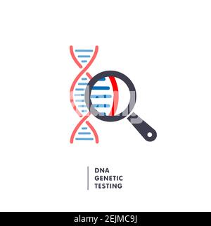 DNA, icona di test genetico. catena del dna in lente d'ingrandimento. Ingegneria genetica, clonazione, test di paternità, analisi del DNA. Illustrazione vettoriale Illustrazione Vettoriale