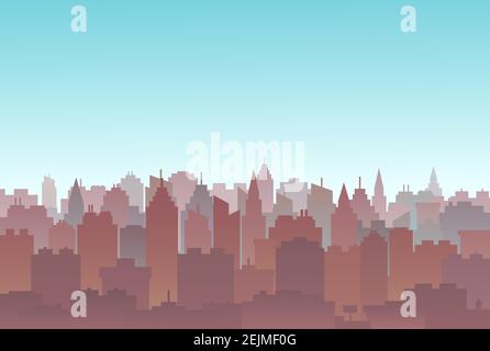 Paesaggio silhouette della città del tramonto. Orizzontale della città. Skyline del centro con grattacieli alti. Panorama architettura Governo edifici illustri Illustrazione Vettoriale