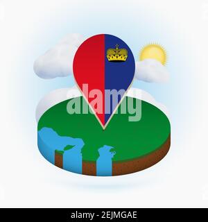 Mappa isometrica rotonda del Liechtenstein e marcatore con bandiera del Liechtenstein. Nuvola e sole sullo sfondo. Illustrazione vettoriale isometrica. Illustrazione Vettoriale