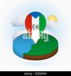 Mappa isometrica rotonda della Guinea equatoriale e marcatore con bandiera della Guinea equatoriale. Nuvola e sole sullo sfondo. Illustrazione vettoriale isometrica. Illustrazione Vettoriale