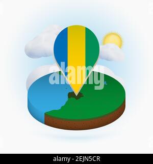 Mappa isometrica rotonda di Gabon e marcatore a punti con bandiera di Gabon. Nuvola e sole sullo sfondo. Illustrazione vettoriale isometrica. Illustrazione Vettoriale