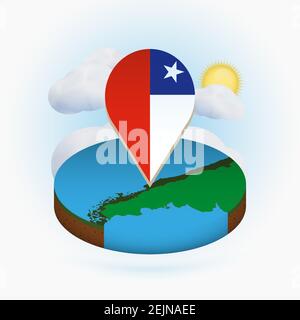 Mappa isometrica rotonda del Cile e marcatore con bandiera del Cile. Nuvola e sole sullo sfondo. Illustrazione vettoriale isometrica. Illustrazione Vettoriale