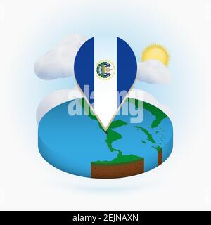 Mappa isometrica rotonda di El Salvador e marcatore con bandiera di El Salvador. Nuvola e sole sullo sfondo. Illustrazione vettoriale isometrica. Illustrazione Vettoriale
