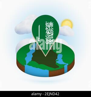 Mappa isometrica rotonda dell'Arabia Saudita e marcatore con bandiera dell'Arabia Saudita. Nuvola e sole sullo sfondo. Illustrazione vettoriale isometrica. Illustrazione Vettoriale