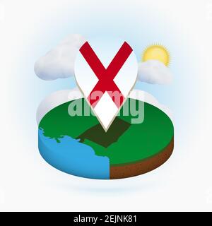 Mappa isometrica rotonda dello stato degli Stati Uniti Alabama e marcatore a punti con bandiera dell'Alabama. Nuvola e sole sullo sfondo. Illustrazione vettoriale isometrica. Illustrazione Vettoriale