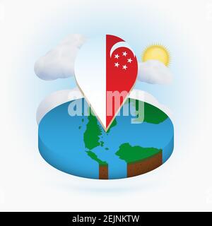 Mappa isometrica rotonda di Singapore e marcatore a punti con bandiera di Singapore. Nuvola e sole sullo sfondo. Illustrazione vettoriale isometrica. Illustrazione Vettoriale