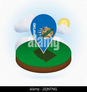 Mappa isometrica rotonda dello stato degli Stati Uniti Oklahoma e marcatore a punti con bandiera di Oklahoma. Nuvola e sole sullo sfondo. Illustrazione vettoriale isometrica. Illustrazione Vettoriale