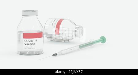 Flaconi in vetro in laboratorio con vaccino corona virus covid-19 SARS-CoVID-2 illustrazione del rendering 3d di iniezione Foto Stock