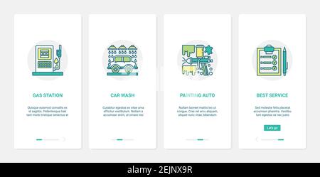 I migliori servizi di assistenza per l'illustrazione vettoriale di un veicolo automobilistico. UX, UI onboarding mobile app page set con stazione di servizio di linea, autolavaggio automatico di supporto per la pulizia, verniciatura di automobili simboli tecnologici Illustrazione Vettoriale