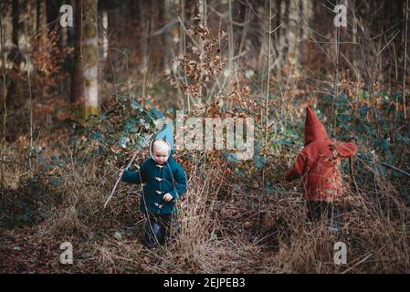 Bambini che camminano nella foresta indossando giacche di lana nel giorno d'inverno Foto Stock