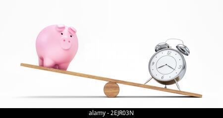 Piggy bank e classico bilanciamento sveglia su Tetter Totter, Time is Money Concept 3d rendering illustrazione 3d Foto Stock