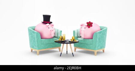 Piggy Bank che riposa e mangia monete d'oro nel ristorante isolato su bianco, Business e Finance Concept 3d rendering illustrazione 3d Foto Stock