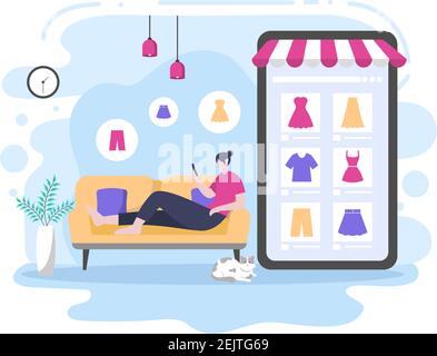 Una ragazza ordini da smartphone Online Shopping Flat Design per Landing Page sito web, elementi di marketing, o e-commerce Illustrazione, banner Web, e di Illustrazione Vettoriale