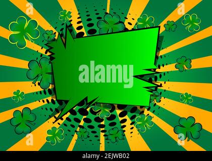 Sfondo fumetto, banner, template, poster relativi alla fortuna. Sfondo esplosione stile cartone animato con trifoglio. Spazio per il testo. Illustrazione Vettoriale