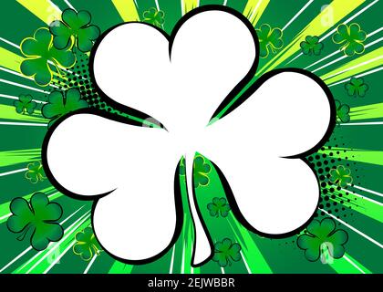 Sfondo fumetto, banner, template, poster relativi alla fortuna. Sfondo esplosione stile cartone animato con trifoglio. Spazio per il testo. Illustrazione Vettoriale