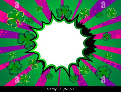 Sfondo fumetto, banner, template, poster relativi alla fortuna. Sfondo esplosione stile cartone animato con trifoglio. Spazio per il testo. Illustrazione Vettoriale