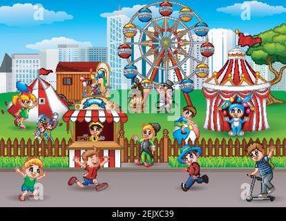 Illustrazione vettoriale dei bambini che si divertono al parco divertimenti Illustrazione Vettoriale
