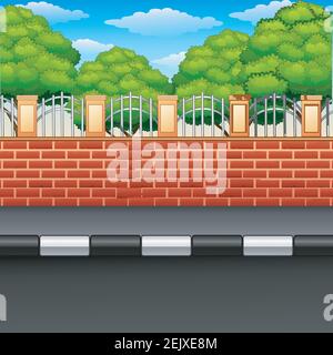 Illustrazione vettoriale dello scenario di una strada con recinzioni in mattoni e piante verdi Illustrazione Vettoriale