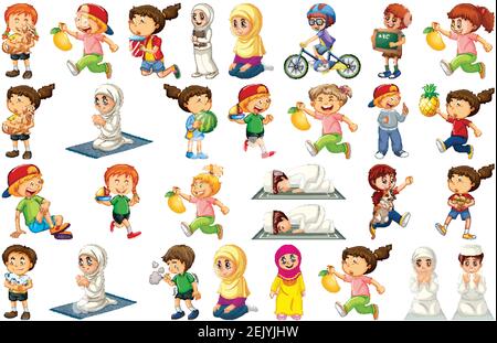 I bambini che fanno diverse attività cartoni animati set di caratteri su sfondo bianco illustrazione Illustrazione Vettoriale