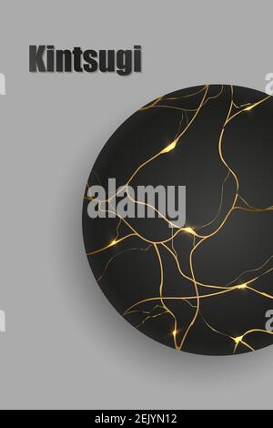 Piatto con kintsugi dorati su fondo grigio. Effetti di rottura e rottura. Texture marmo. Design di lusso per arte da parete, carta da parati, wedding card, social Illustrazione Vettoriale