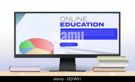 Formazione online. Banner per webinar o corsi di formazione dal vivo. Monitor per computer con libri sul tavolo. Concetto per i corsi online. Illustrazione vettoriale 3D Illustrazione Vettoriale