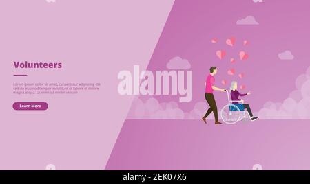 volontari uomo aiutare gli anziani concetto per sito web design modello illustrazione vettoriale di copertina per banner o presentazione di diapositive Foto Stock