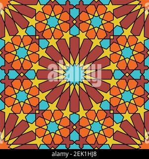 Decorazioni geometriche senza cuciture basate su arte islamica tradizionale ottimo design per tessuto, tessuto, copertina, carta da imballaggio, background.Yellow, blu, marrone, o. Illustrazione Vettoriale