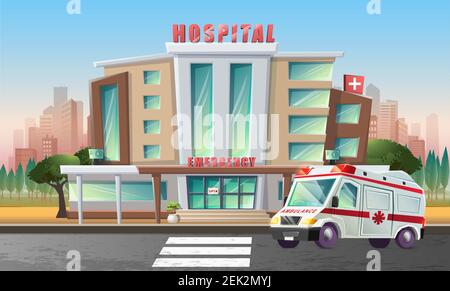 Immagine piatta in stile cartoon vettoriale dell'edificio dell'ospedale con auto ambulanza di fronte ad esso con vista dietro la città. Illustrazione Vettoriale