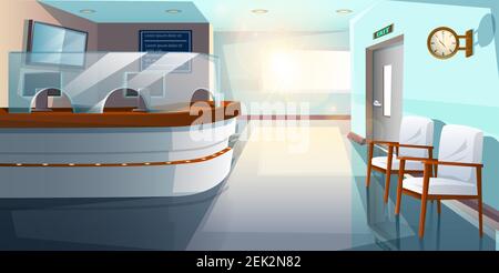 Sala di ricevimento dell'ospedale in stile vettoriale a fumetti. Illustrazione Vettoriale