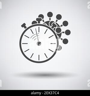 Molecola di coronavirus sotto l'icona del cronometro. Grigio scuro su sfondo grigio con ombra rotonda. Illustrazione vettoriale. Illustrazione Vettoriale