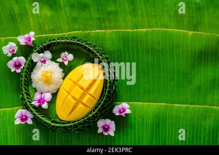 Dessert tailandese - riso appiccicoso al mango su piatto di foglie di banana su sfondo di foglie di banana con orchidee. Foto Stock