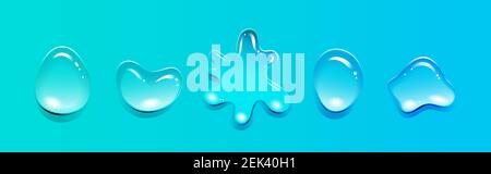 Gocce d'acqua trasparenti isolate su sfondo blu. Illustrazione Vettoriale