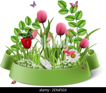 Bouquet di fiori di primavera in stile cartoon vettoriale con nastro verde. Isolato su sfondo bianco. Illustrazione Vettoriale