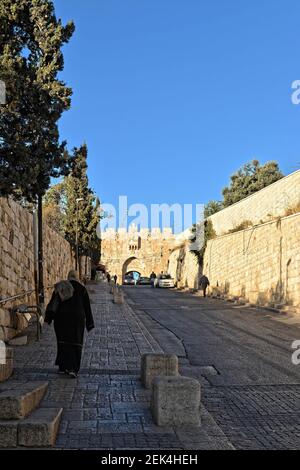La porta del Leone della Città Vecchia di Gerusalemme. Porta nella parte orientale del muro della fortezza. Foto Stock