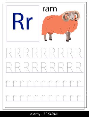 Un foglio di lavoro per i bambini con la lettera R per imparare l'alfabeto inglese. Illustrazione Vettoriale
