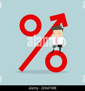 Uomo d'affari in piedi sul segno di percentuale. Crescita dei ricavi. Illustrazione Vettoriale