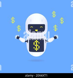 Robot bianco con simbolo del dollaro sullo schermo. Assistenza virtuale concetto di protezione del denaro. Illustrazione Vettoriale