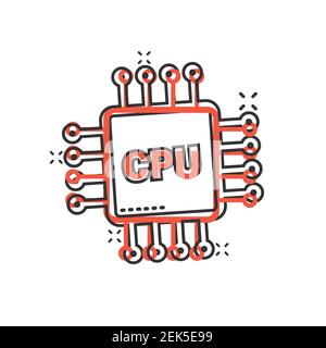 Icona cpu del computer in stile comico. Illustrazione vettoriale su cartoni a circuito stampato su sfondo isolato bianco. Scheda madre chip splash effect business conc Illustrazione Vettoriale