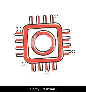 Icona cpu del computer in stile comico. Illustrazione vettoriale su cartoni a circuito stampato su sfondo isolato bianco. Scheda madre chip splash effect business conc Illustrazione Vettoriale