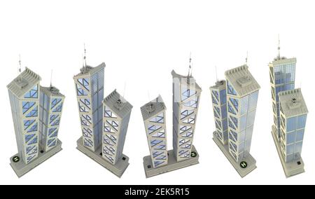 5 rendering in alto di case commerciali dal design immaginario con due torri con riflessi del cielo - isolato su bianco, illustrazione 3d dei grattacieli Foto Stock