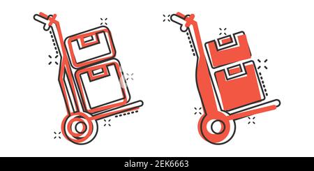 Icona del carrello cargo in stile comico. Illustrazione vettoriale cartoon della scatola di consegna su sfondo isolato bianco. Concetto di business di spedizione box splash effect. Illustrazione Vettoriale